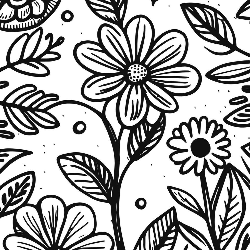 abstract zwart en wit monochromatisch hand getekend bloemen structuur patroon tekening vector illustratie