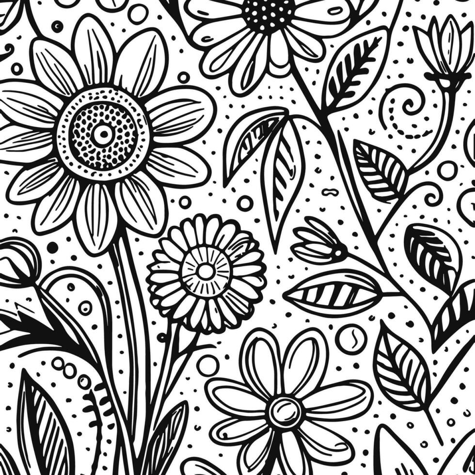 abstract zwart en wit monochromatisch hand getekend bloemen structuur patroon tekening vector illustratie