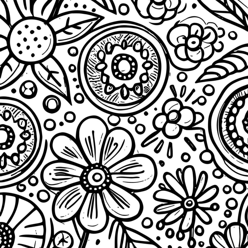 abstract zwart en wit monochromatisch hand getekend bloemen structuur patroon tekening vector illustratie