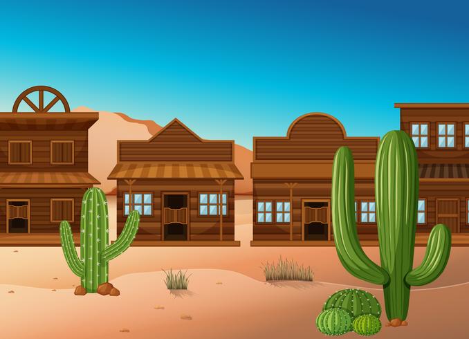 Woestijnscène met winkels en cactus vector