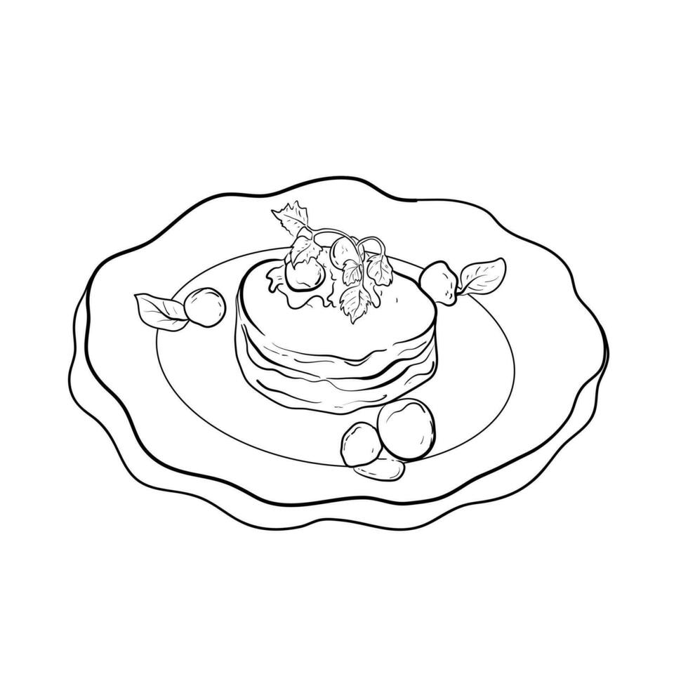 pannekoeken, gebakjes, snoepgoed, smakelijk ontbijt in de vector grafiek wijnoogst pannenkoek tekening. hand- getrokken monochroom voedsel illustratie. Super goed voor menu, poster of label.