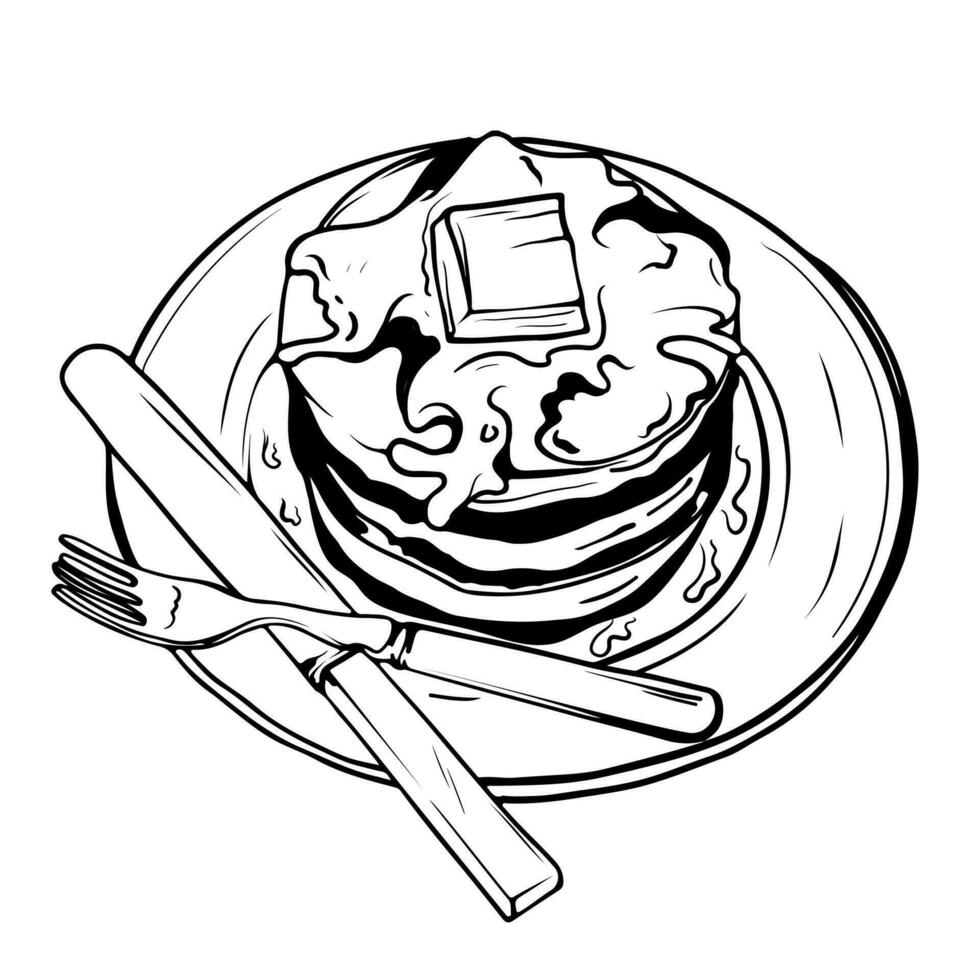 pannekoeken, gebakjes, snoepgoed, smakelijk ontbijt in de vector grafiek wijnoogst pannenkoek tekening. hand- getrokken monochroom voedsel illustratie. Super goed voor menu, poster of label.