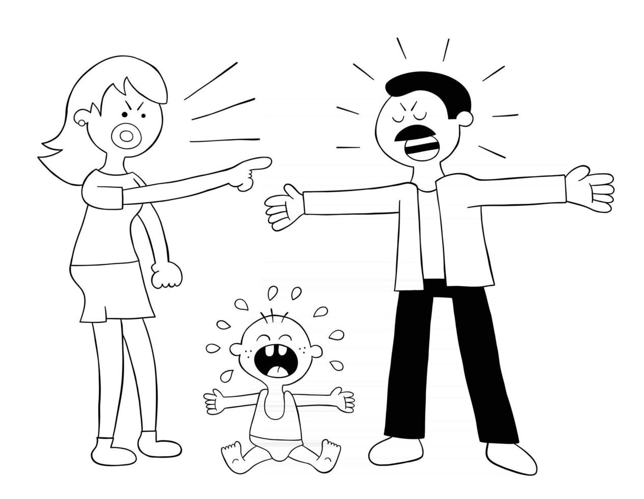 cartoon ouders vechten en baby huilen, vectorillustratie vector