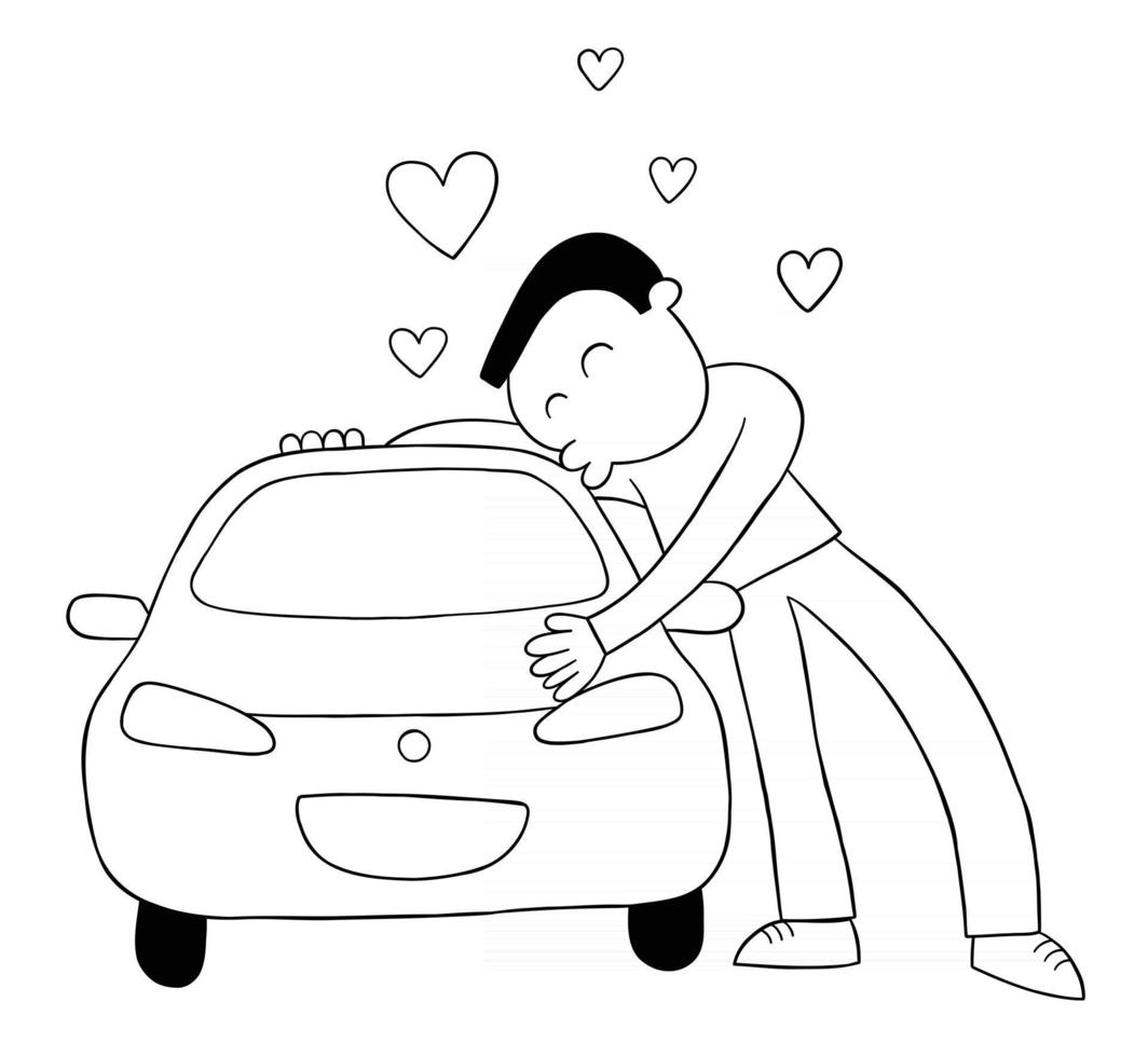 cartoon man houdt van zijn auto en knuffels en kusjes, vectorillustratie vector