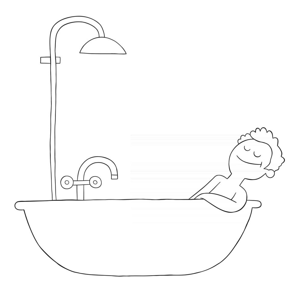 tekenfilmman neemt een bad in bad en is erg blij vector