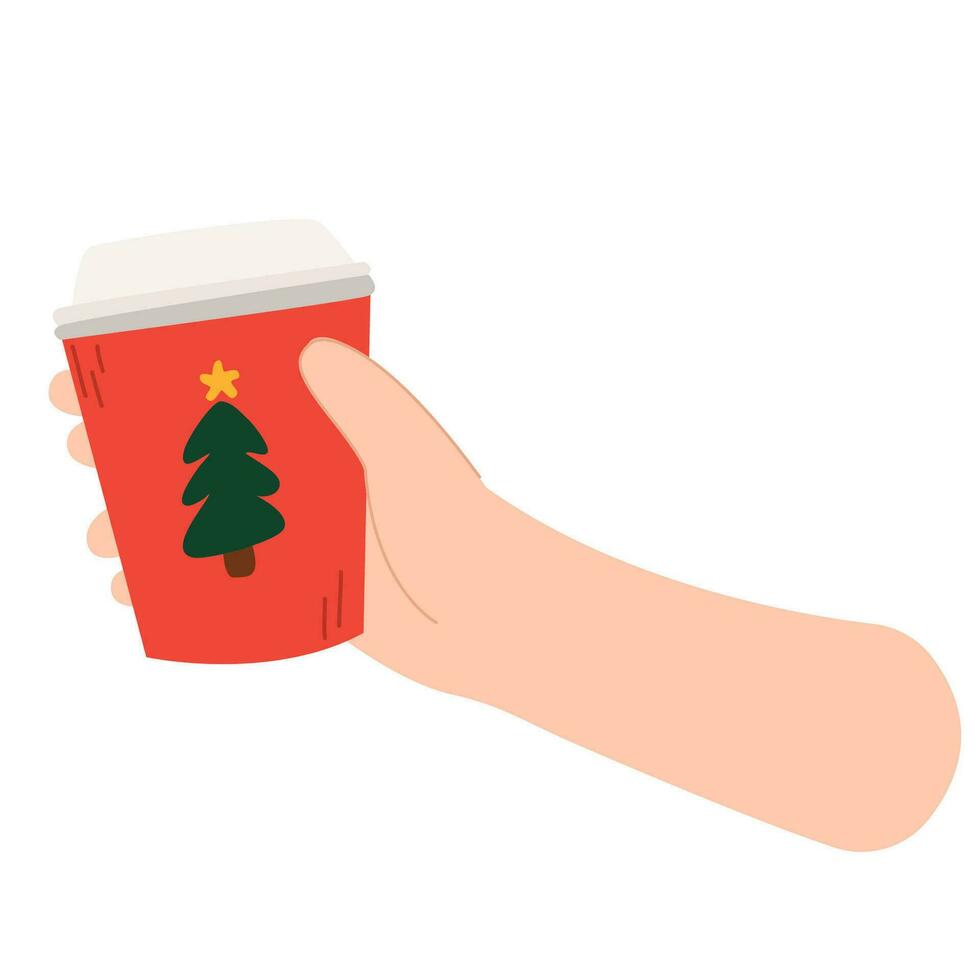 koffie cups met Kerstmis boom geïsoleerd Aan wit achtergrond. hand- Holding koffie beker. kop met Kerstmis ontwerp. Hallo winter seizoensgebonden concept. vector