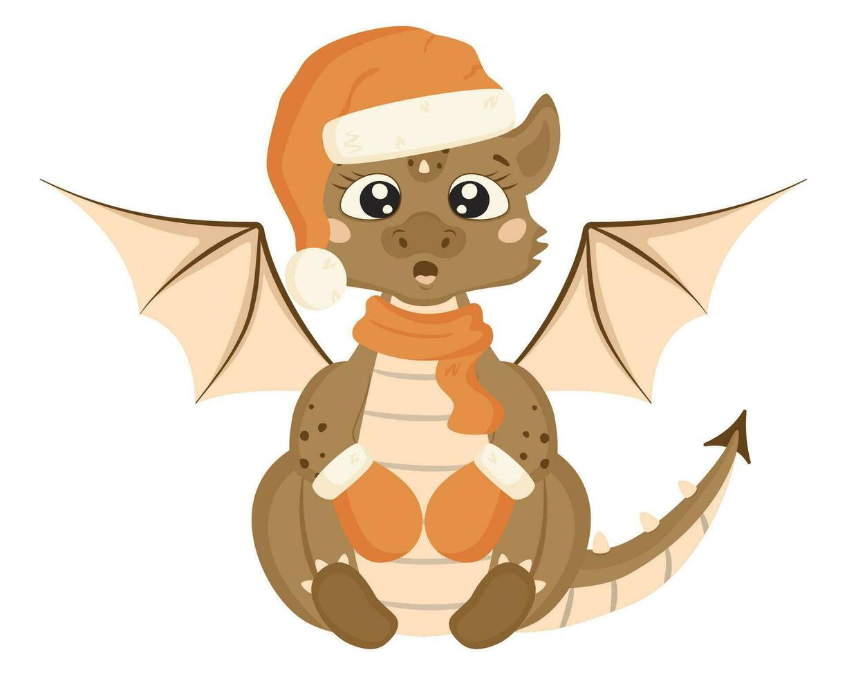 schattig draak gekleed in de kerstman claus hoed, sjaal en wanten in tekenfilm stijl. vector