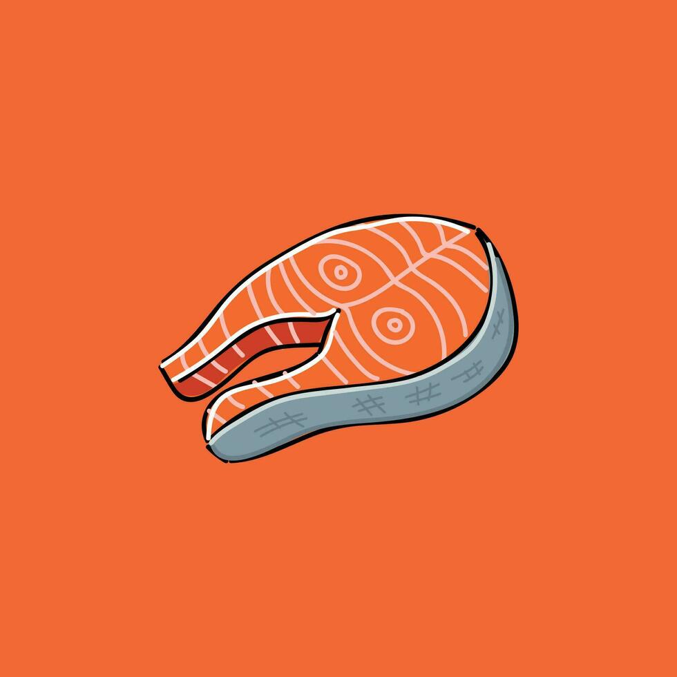 Zalm illustratie. vers Zalm stuk kubus steak met geïsoleerd Aan oranje achtergrond vector illustratie