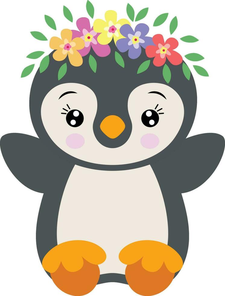 aanbiddelijk pinguïn met krans bloemen Aan hoofd vector