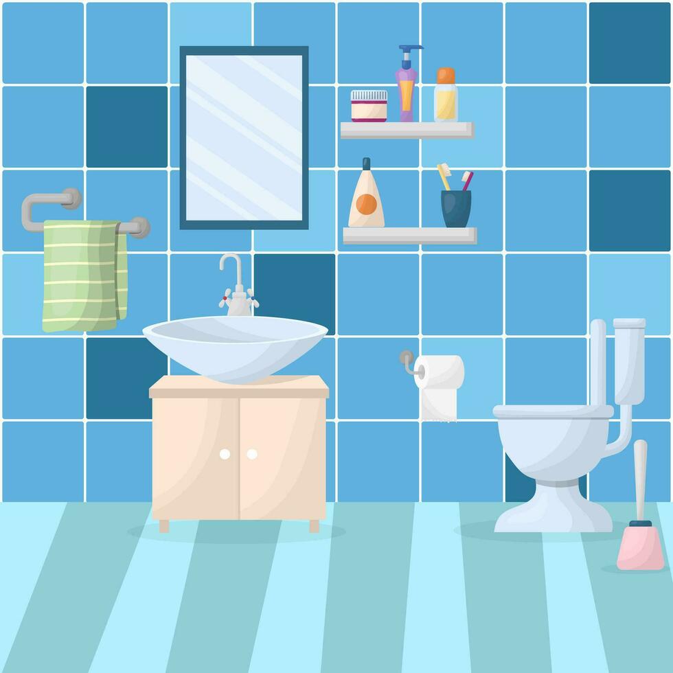 badkamer interieur met meubilair. huis interieur items - spiegel, wastafel, toilet schaal, handdoek. vector illustratie in een vlak stijl.
