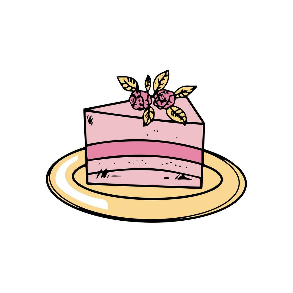 een stuk van taart Aan een bord in tekening stijl Aan een wit achtergrond. feestelijk concept. hand- getrokken vector gekleurde schets icoon.