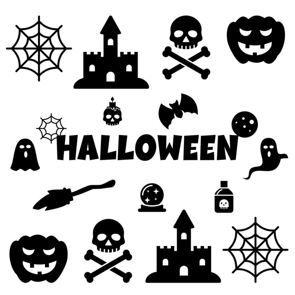 halloween zwart silhouetten. gelukkig halloween vector nacht pictogrammen,pompoen, vleermuis, skelet, kasteel, schedel kaars, heks bezem, gif fles, magie bal en geest geïsoleerd wit achtergrond.