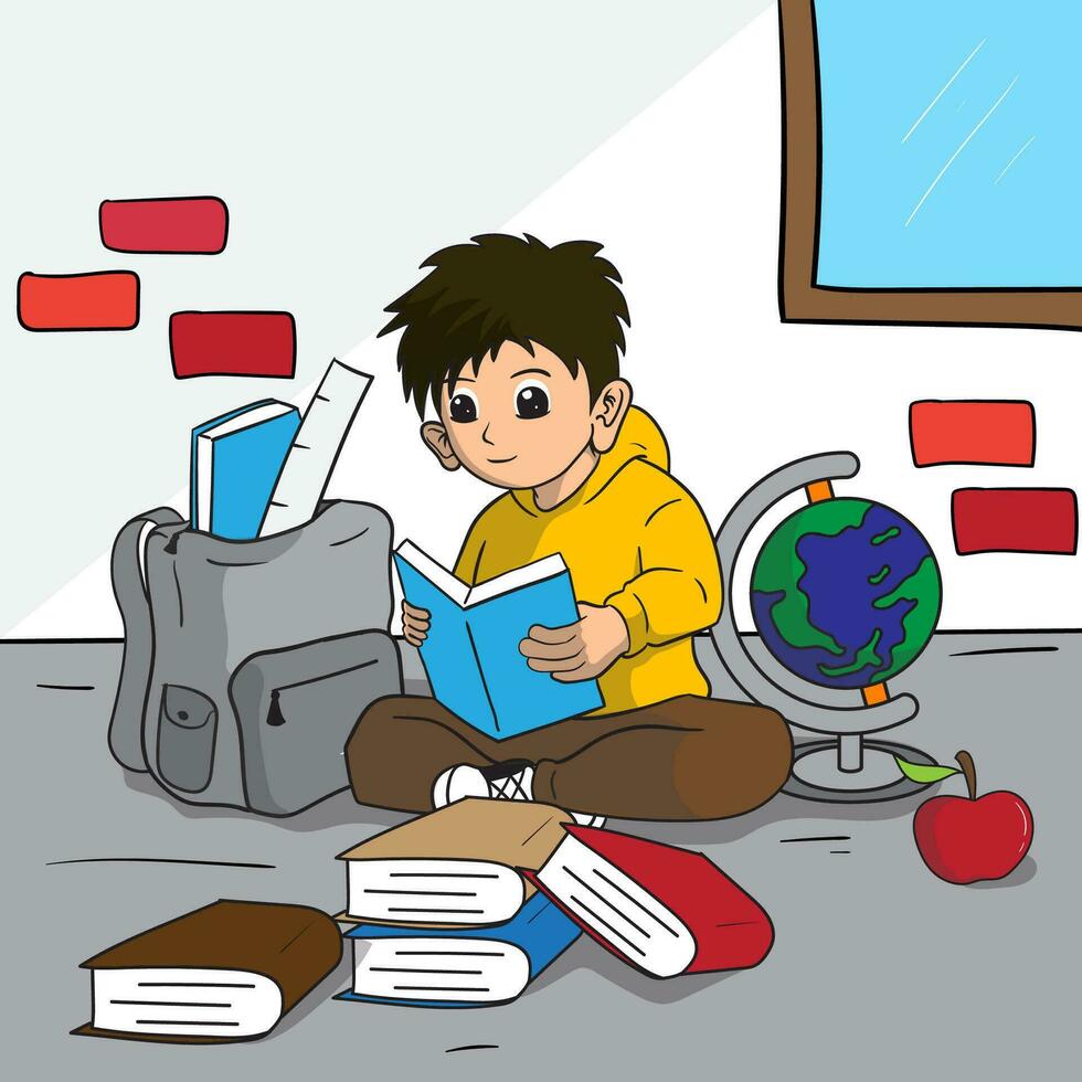 vector illustratie van een leerling lezing een boek met school- uitrusting in de omgeving van hem voor Internationale studenten dag, wereld boek dag, enz.
