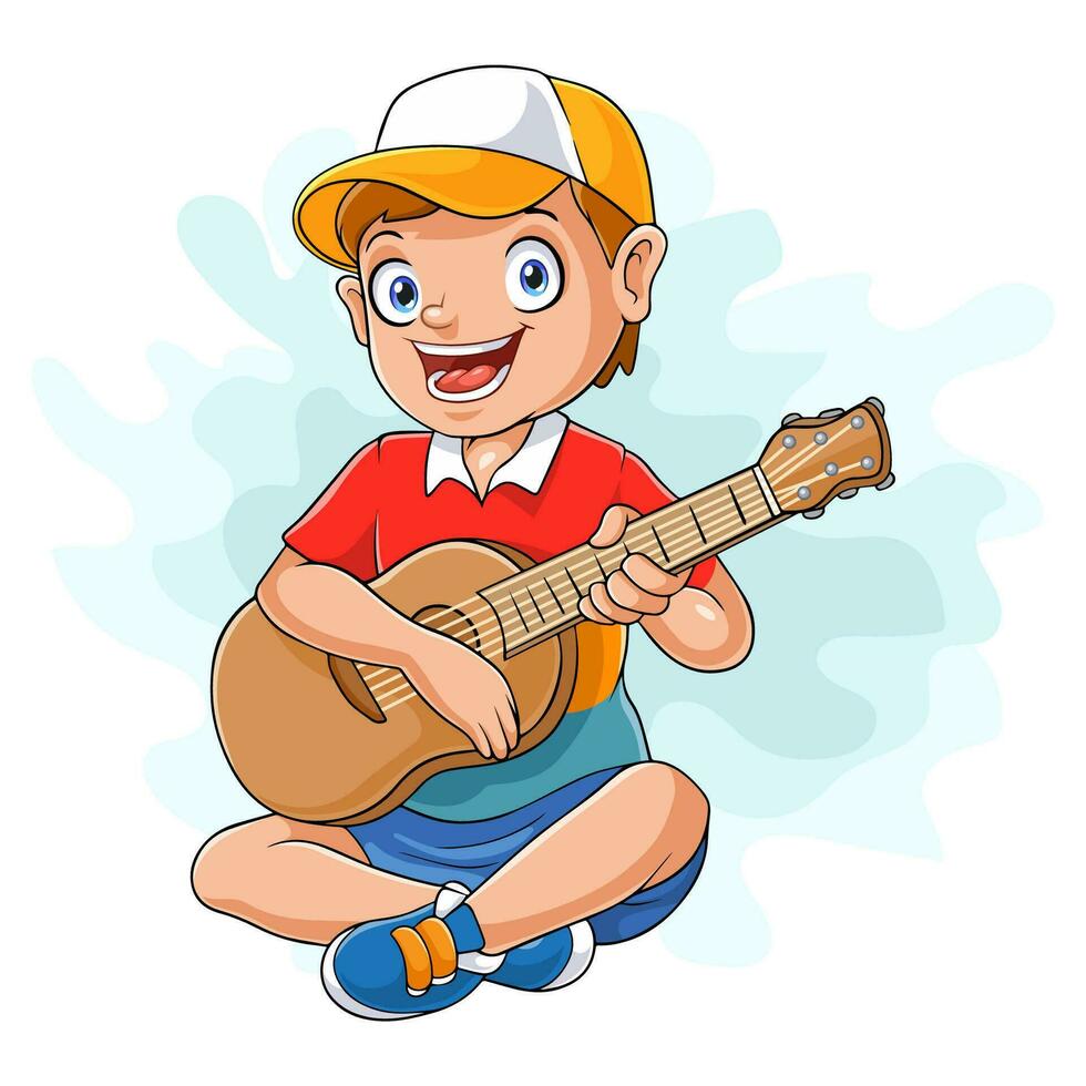 tekenfilm jongen spelen akoestisch gitaar vector