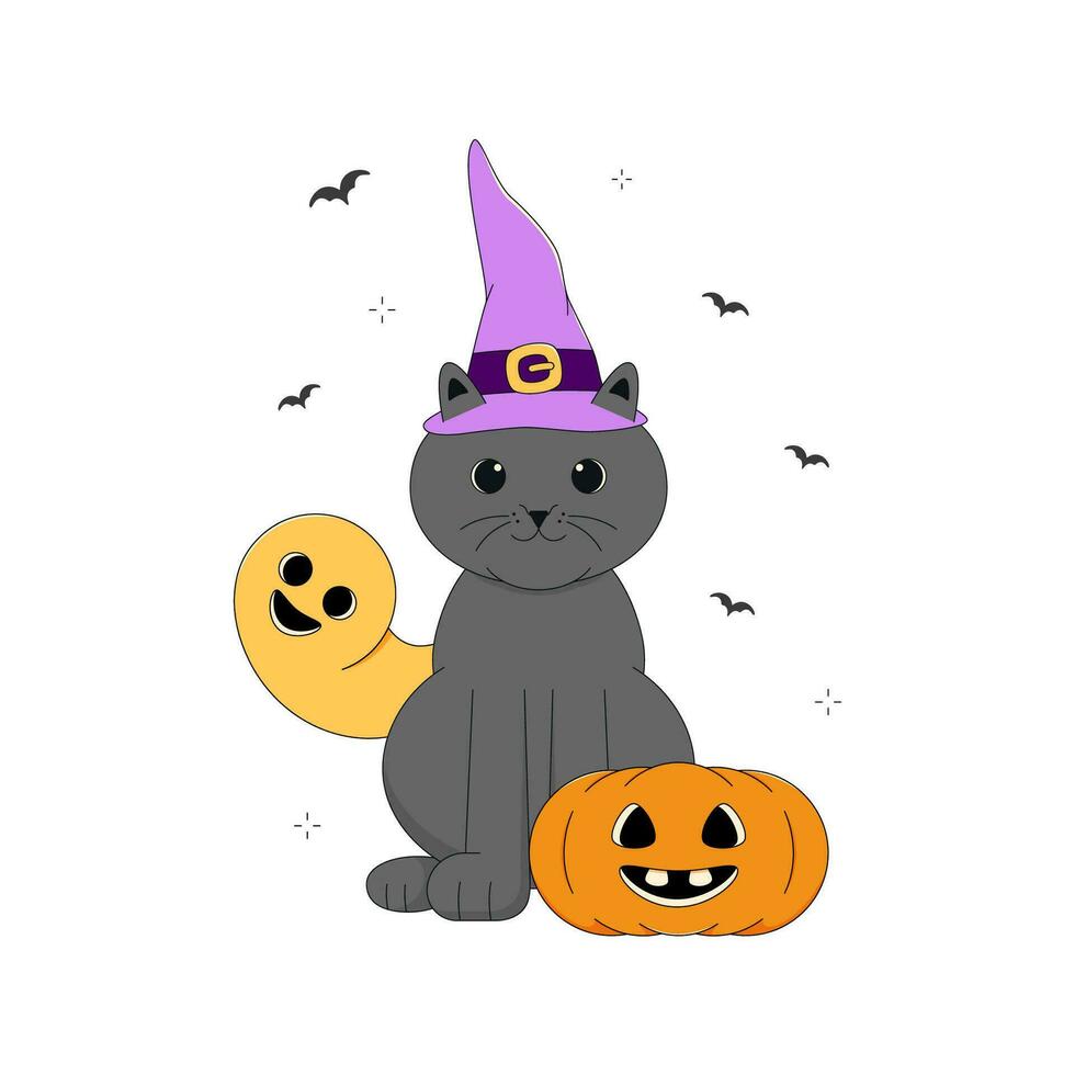 bekleed witchy kat met spookachtig geest en smiley pompoen, tekenfilm vector