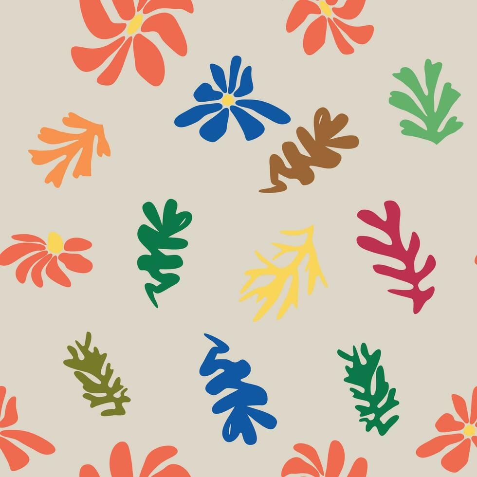 blauw matisse bloemen patroon, scheef bladeren en rood bloemen. vector