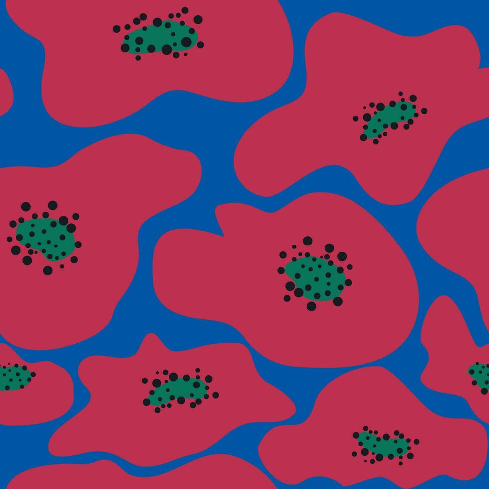 blauw matisse bloemen patroon, scheef bladeren en rood bloemen. vector