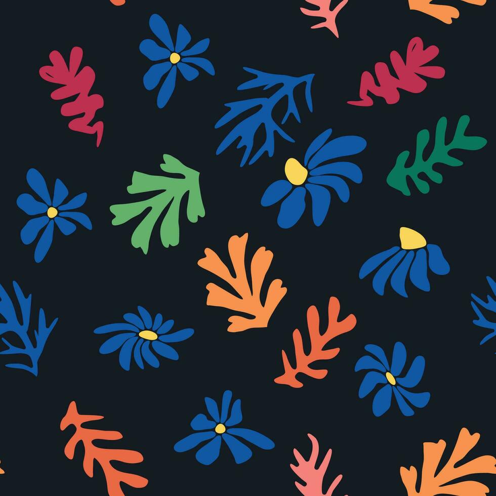 blauw matisse bloemen patroon, scheef bladeren en rood bloemen. vector