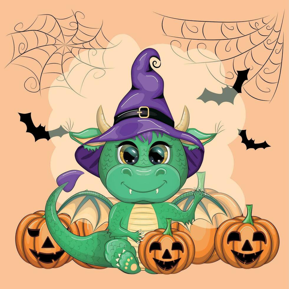 schattig tekenfilm groen draak in een Purper magie hoed, halloween. pompoen, toverdrank, bezem. symbool van 2024 volgens naar de Chinese kalender vector