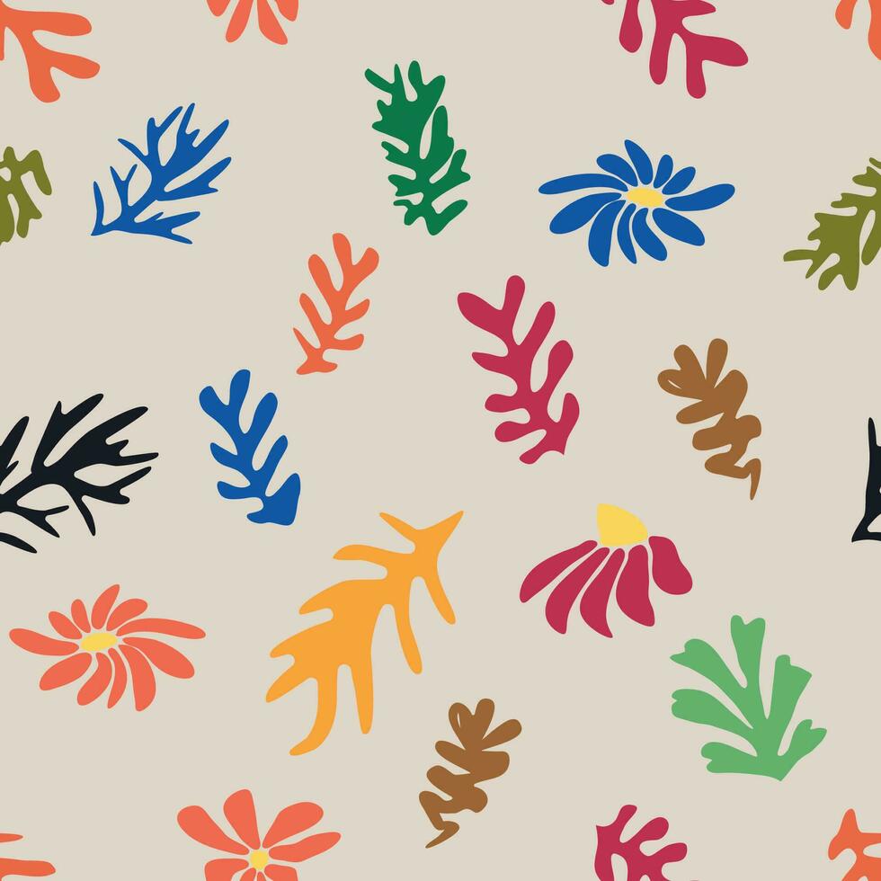 blauw matisse bloemen patroon, scheef bladeren en rood bloemen. vector