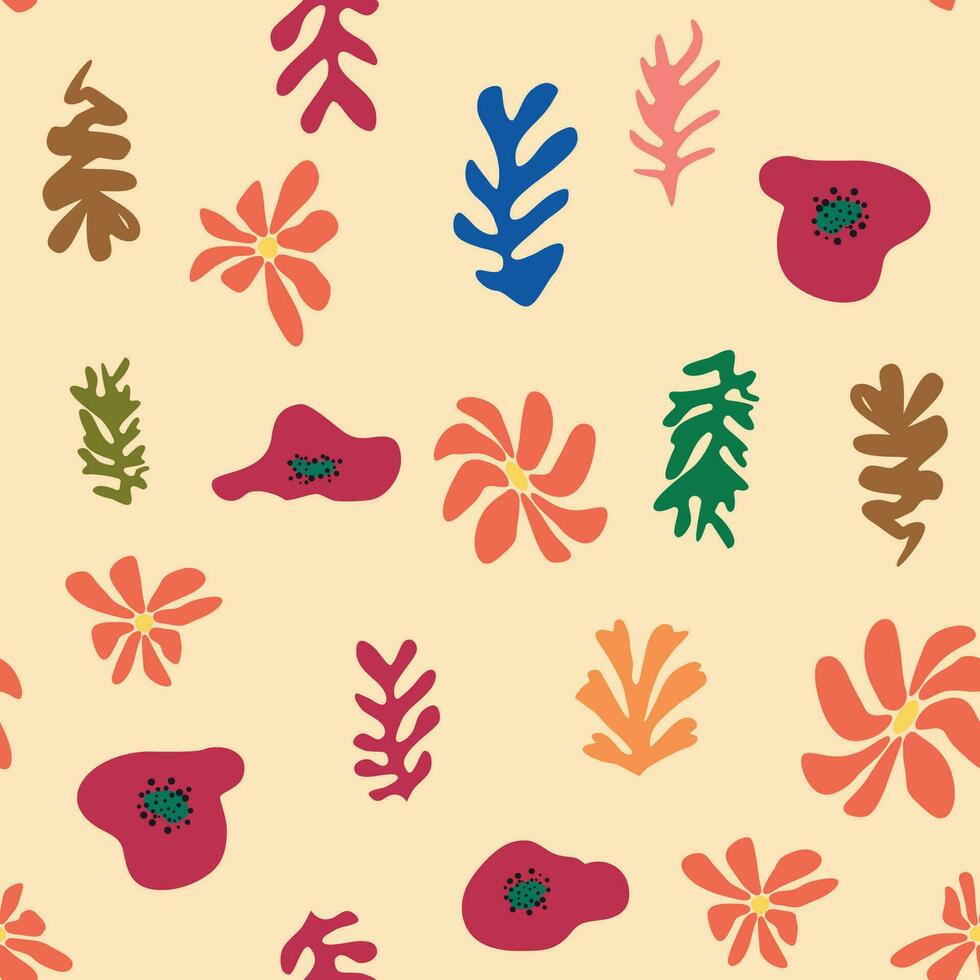 blauw matisse bloemen patroon, scheef bladeren en rood bloemen. vector