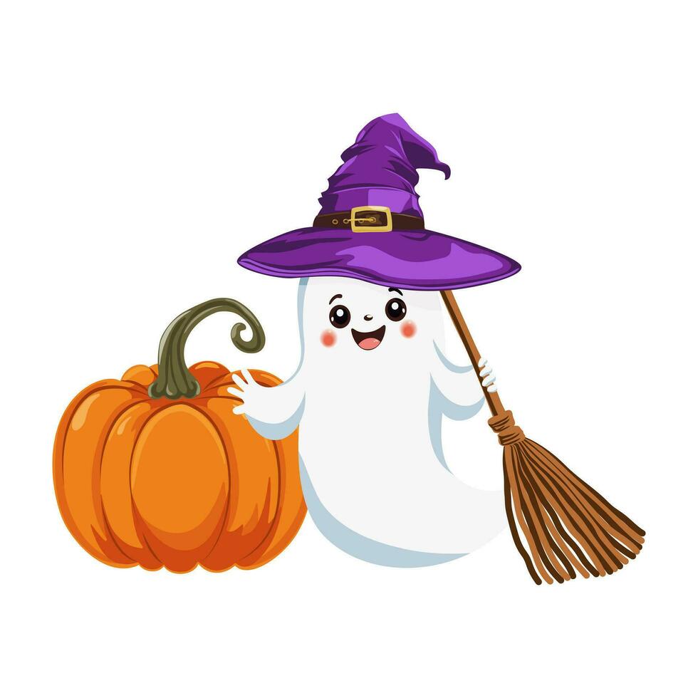 halloween pompoen en een schattig geest in een Purper heks hoed en een bezem in zijn hand. traditioneel symbool en ontwerp element voor halloween viering. tekenfilm vector illustratie.