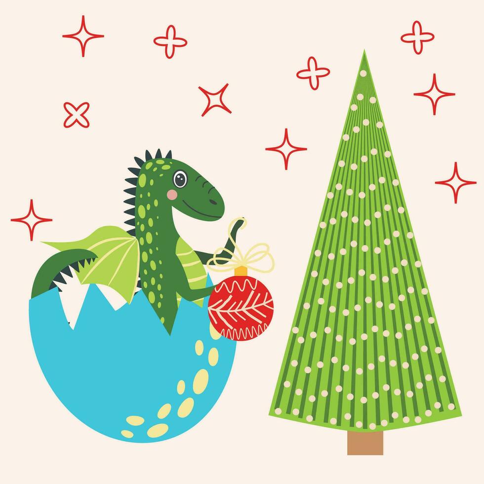 Kerstmis kaart met schattig groen draak. jaar van de draak 2024, China vector