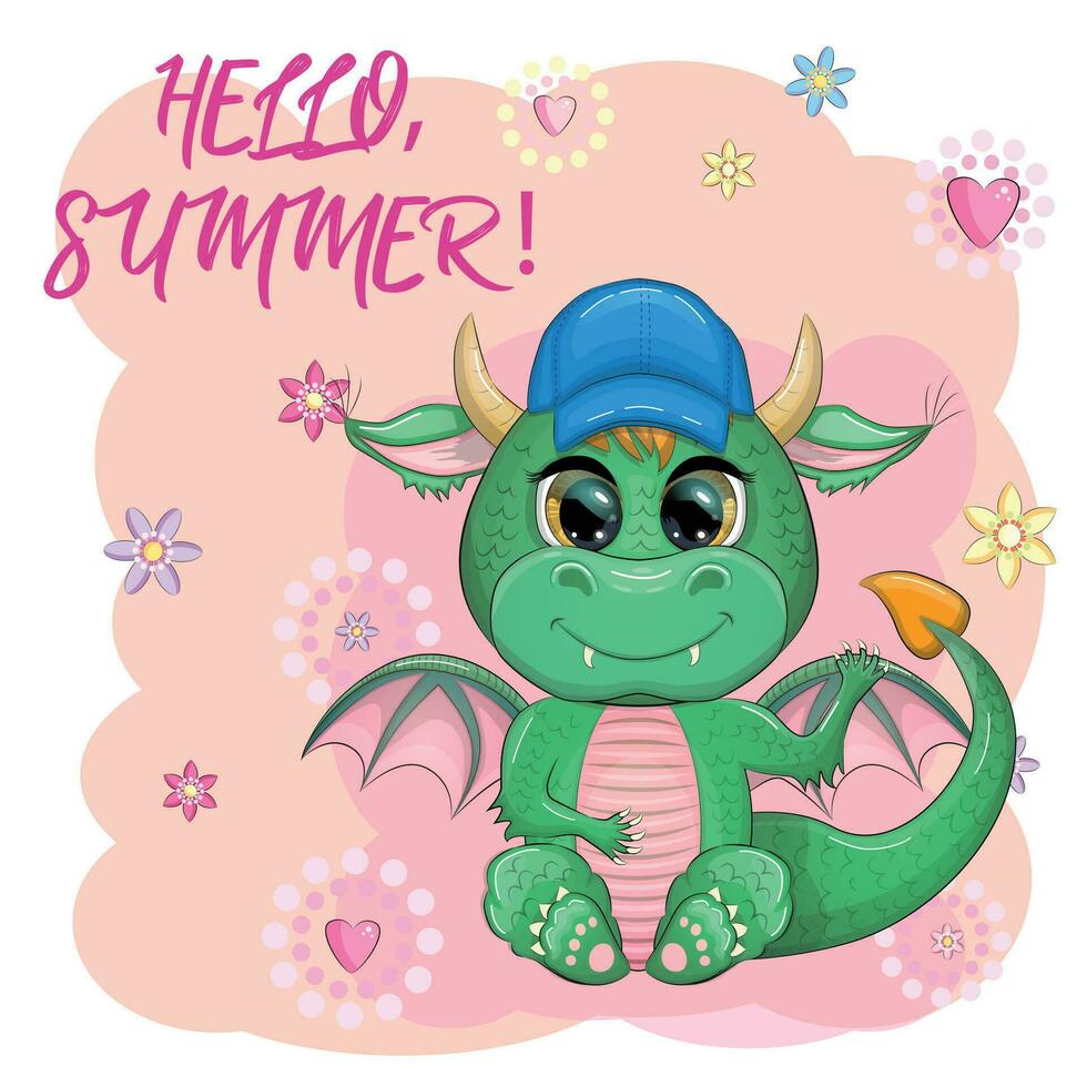 schattig tekenfilm groen baby draak in een zomer hoed, zwemmen ring. symbool van 2024 volgens naar de Chinese kalender. vector