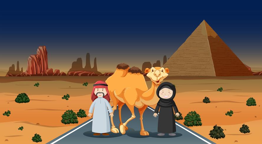 Twee mensen en kamelen in de woestijn vector