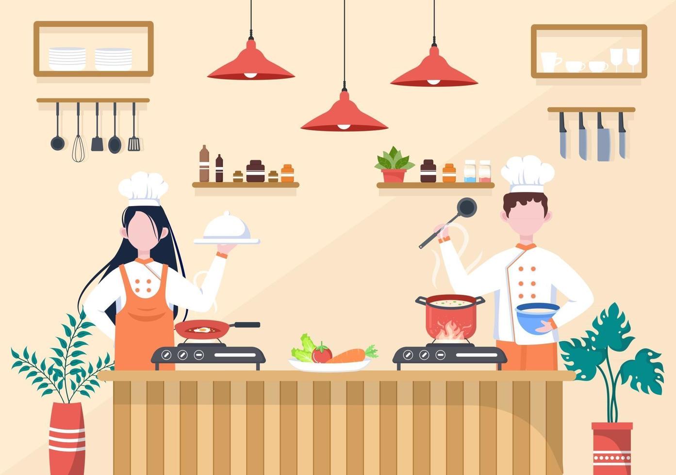 chef-kok kookt op de keukenachtergrond vector