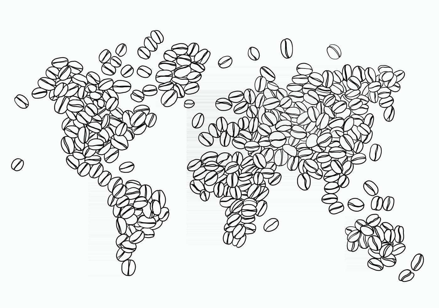 uit de vrije hand tekening van koffieboon rangschikken in wereldkaart. vector