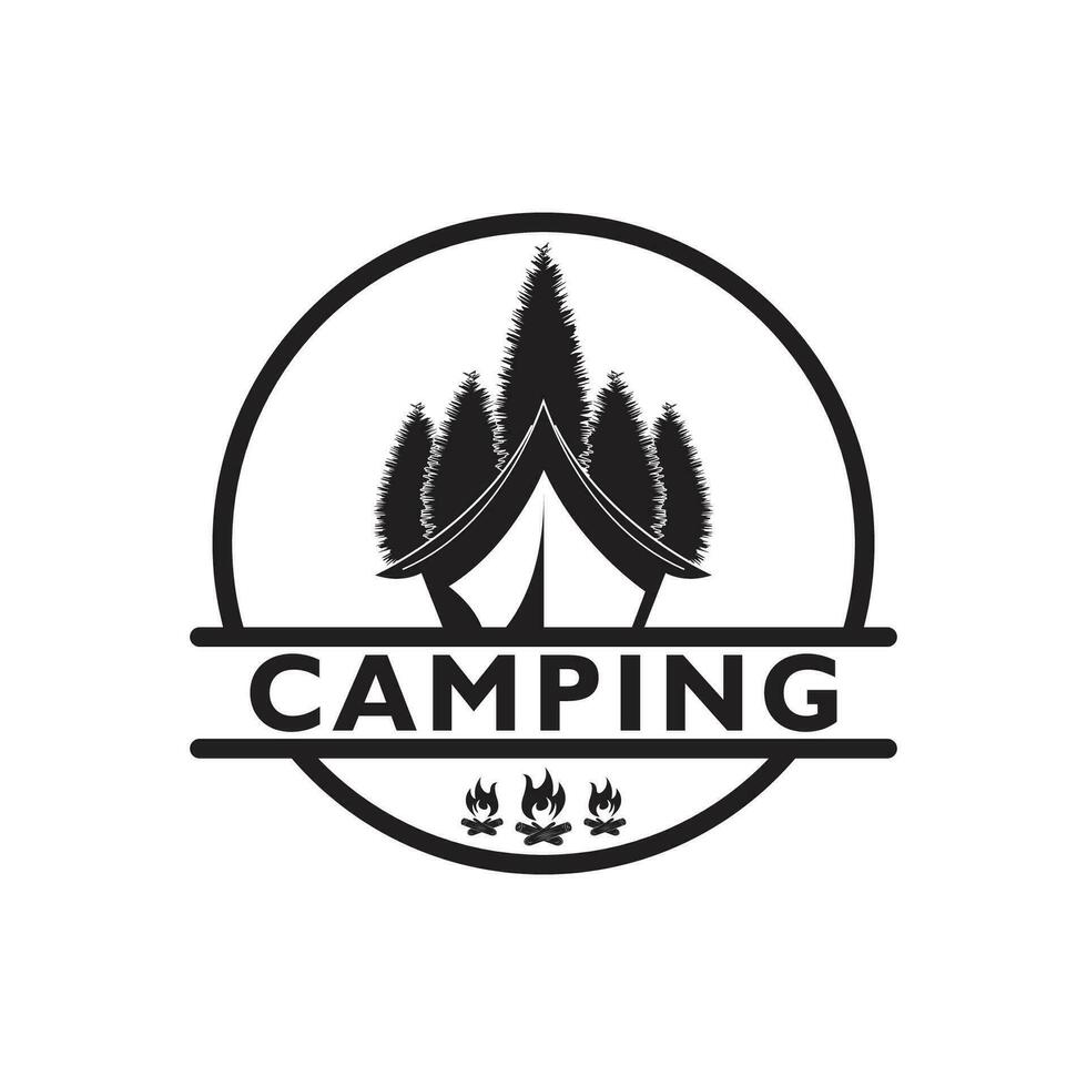 pijnboom bomen en camping tent getextureerde logo ontwerp vector