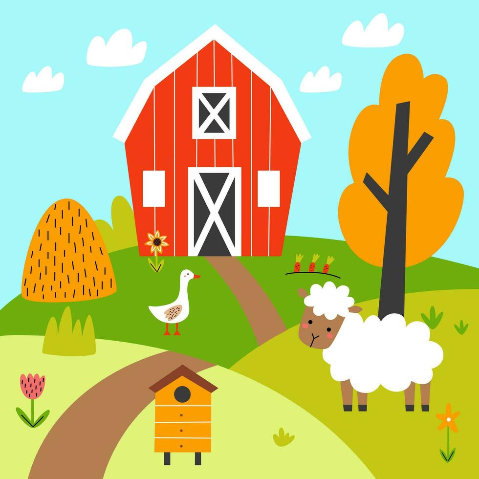 boerderij tafereel met huiselijk dieren, schuur en boom. schattig schaap, gans. herfst illustratie in naief stijl. vector tekenfilm illustratie.