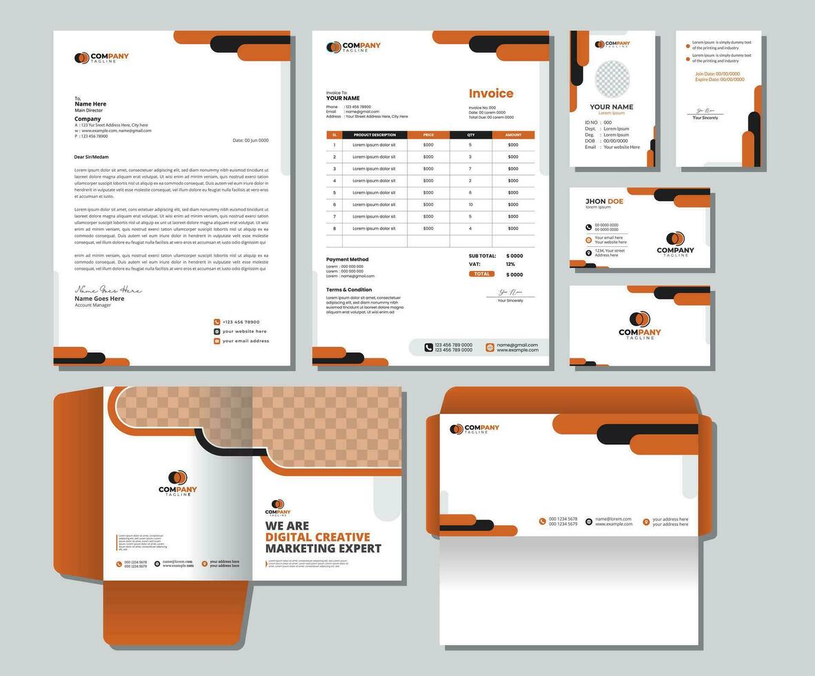 zakelijke merk identiteit mockup reeks met digitaal elementen. bewerkbare vector. bedrijf kaart, ID kaart kaart, factuur, briefhoofd, envelop, en het dossier map. vector