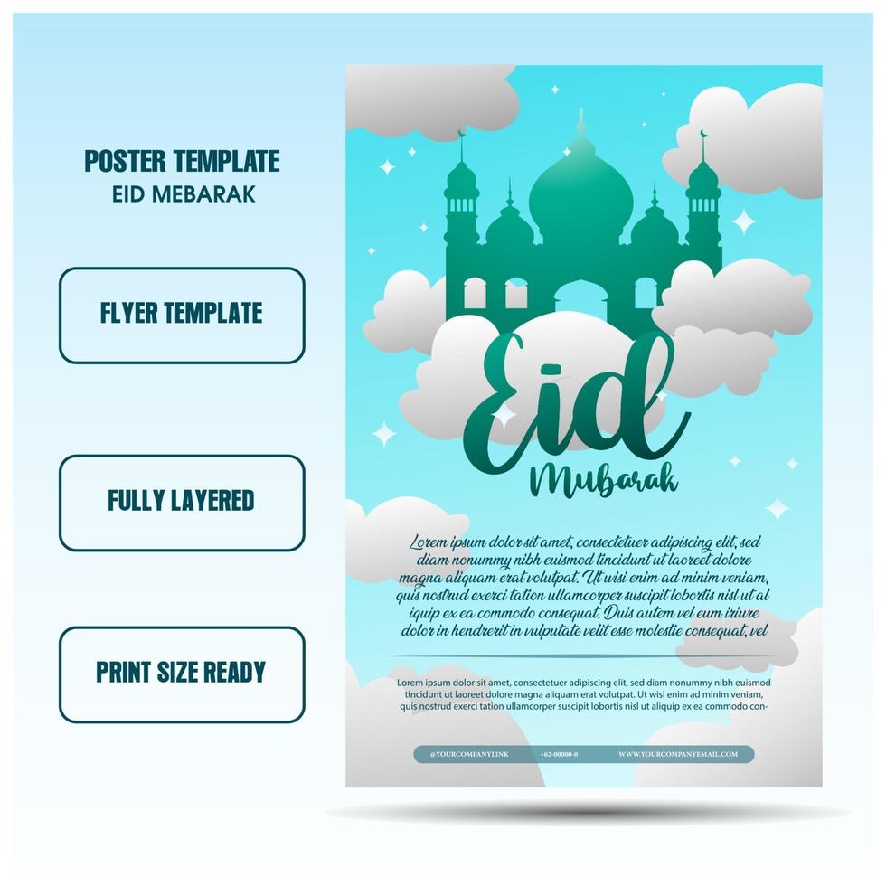 eid mubarak flyer-sjablonen met hemelsblauwe achtergronden vector