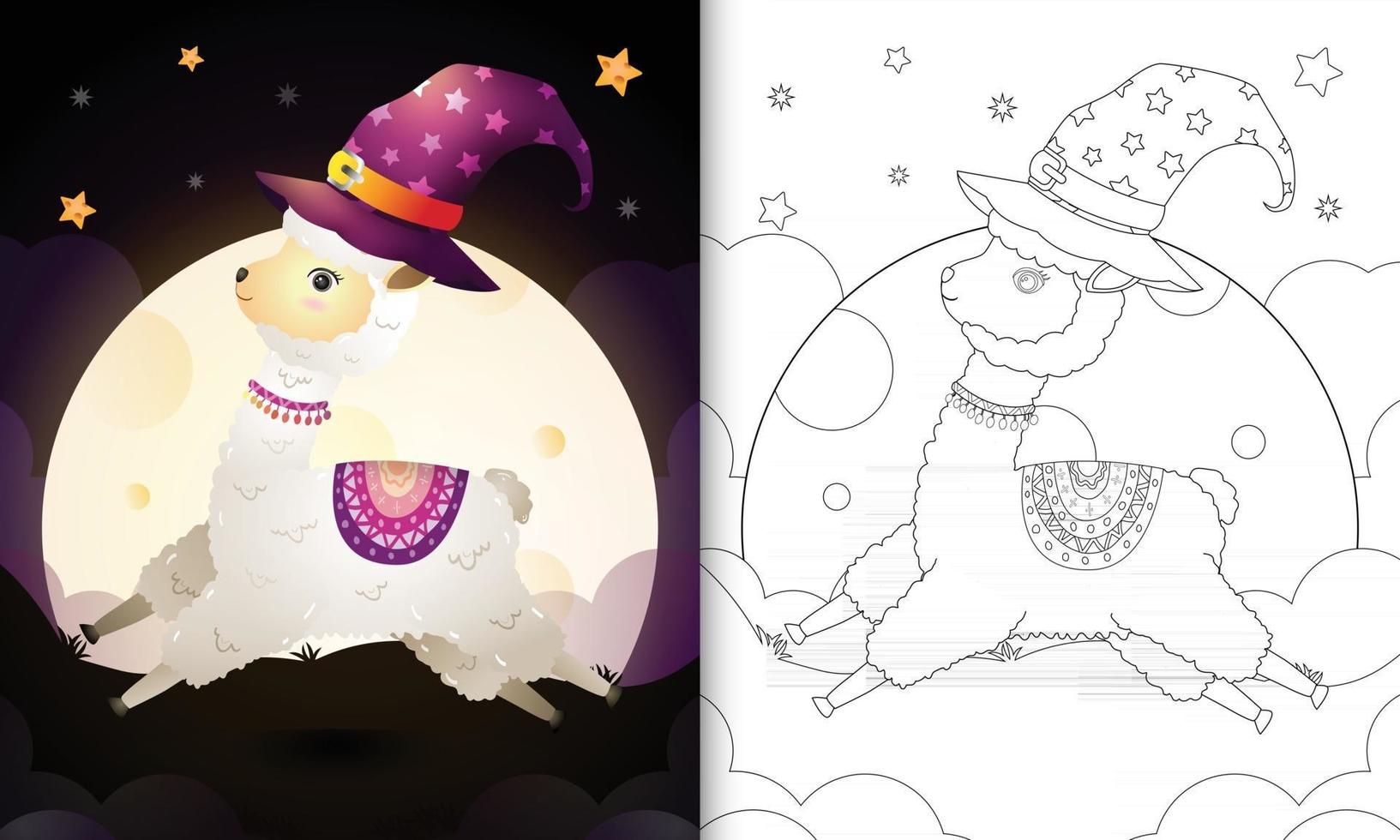 kleurboek met een schattige cartoon halloween heks alpaca vector