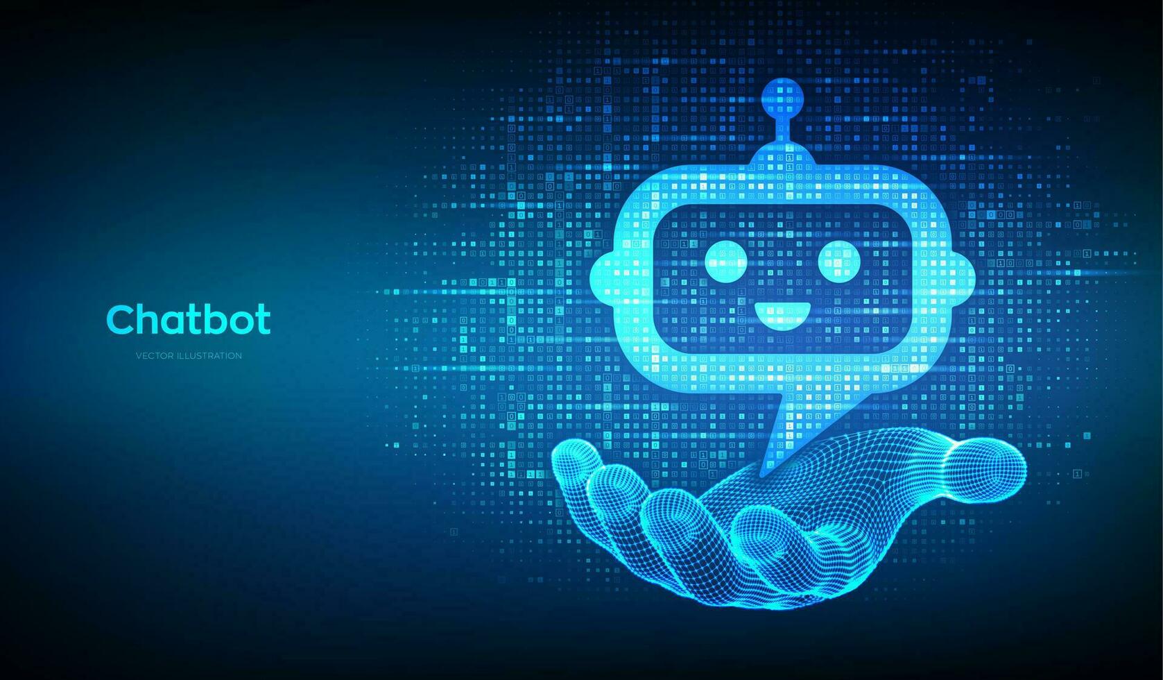 robot Chatbot hoofd icoon teken gemaakt met binair code in wireframe hand. Chatbot assistent sollicitatie. digitaal binair gegevens en streaming digitaal code. achtergrond met cijfers 1.0. vector illustratie.