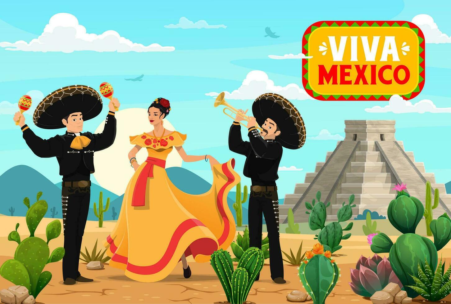 viva Mexico. Mexicaans mariachi musicus en danser vector