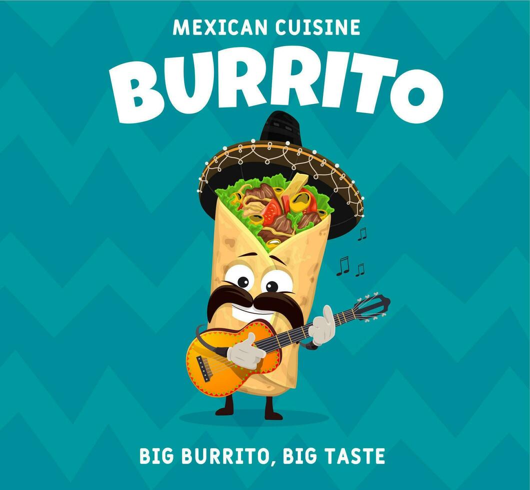 tekenfilm Mexicaans burrito mariachi met Guitarron vector