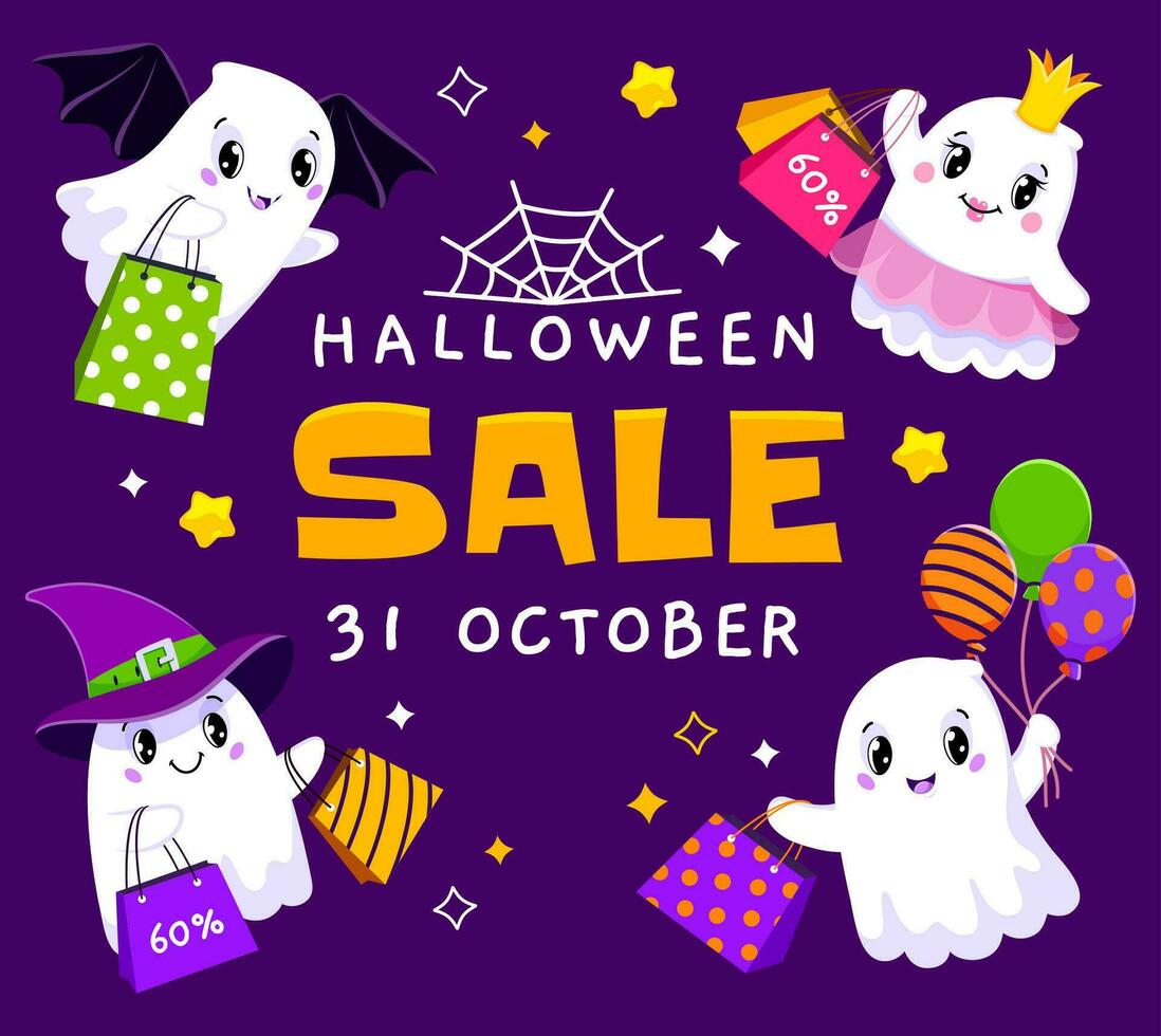 halloween uitverkoop banier, kawaii geesten, boodschappen doen zak vector