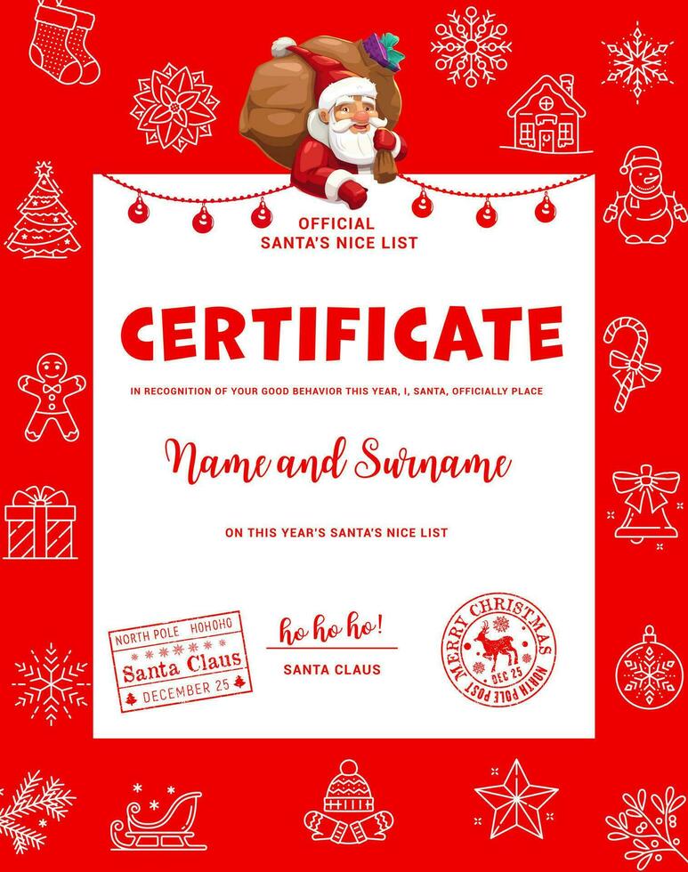 Kerstmis vakantie de kerstman certificaat of diploma vector