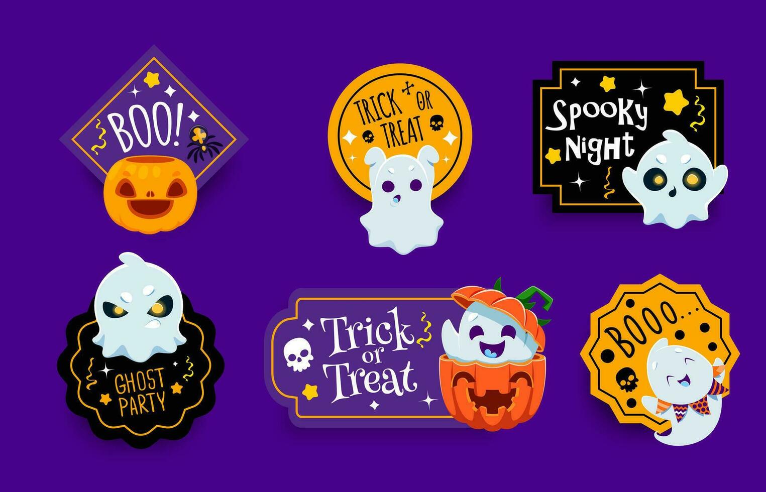 halloween vakantie stickers, pompoenen, boe geesten vector