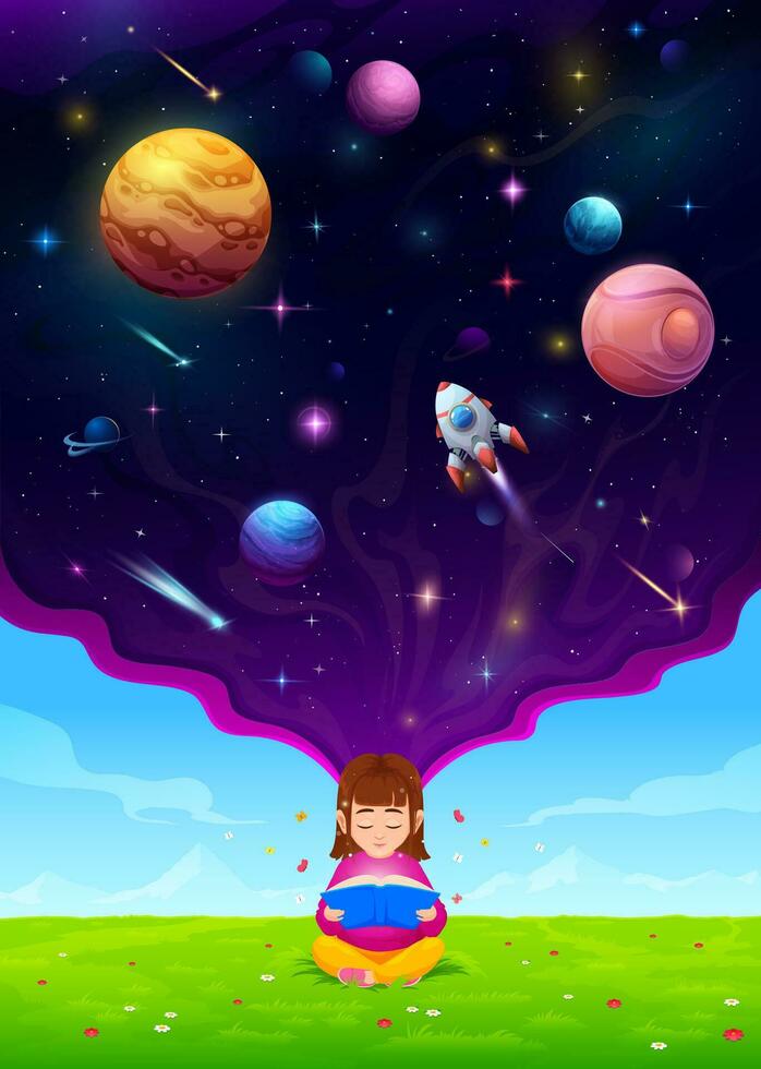 kind meisje met boek dromen over ruimte vlucht vector