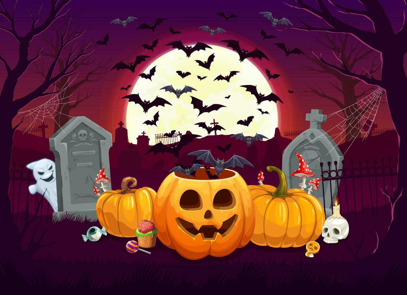 tekenfilm halloween pompoenen, snoepgoed en vleermuizen wolk vector