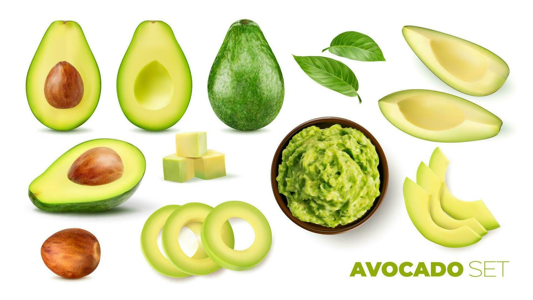 realistisch groen rijp rauw avocado. vol en kubussen vector
