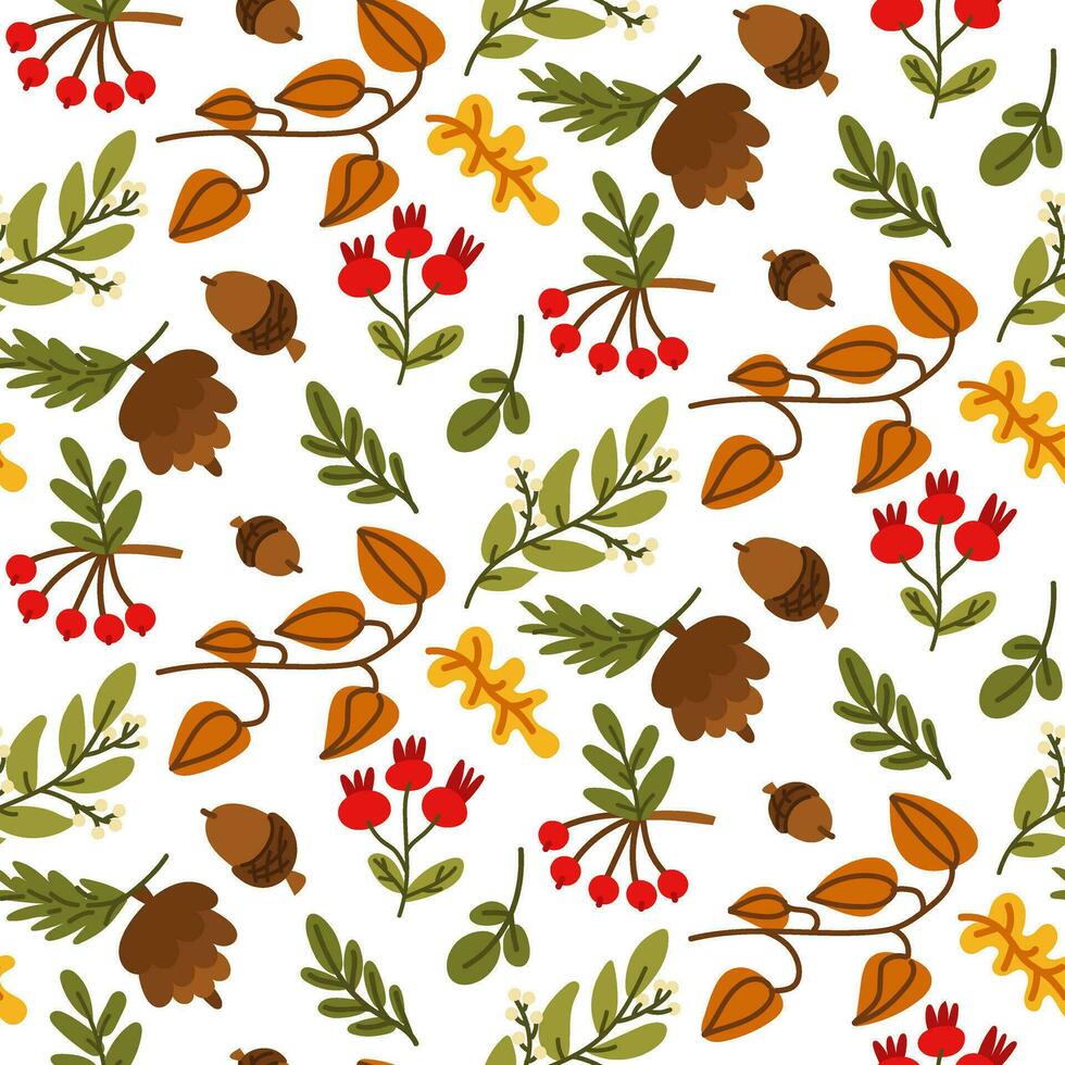 herfst naadloos vector tekening met bladeren, bessen, Spar kegels, veenbessen, bessen en eikels. vlak Woud botanisch achtergrond. kleurrijk herfst seizoensgebonden decor. eik, esdoorn, kastanje blad tekening