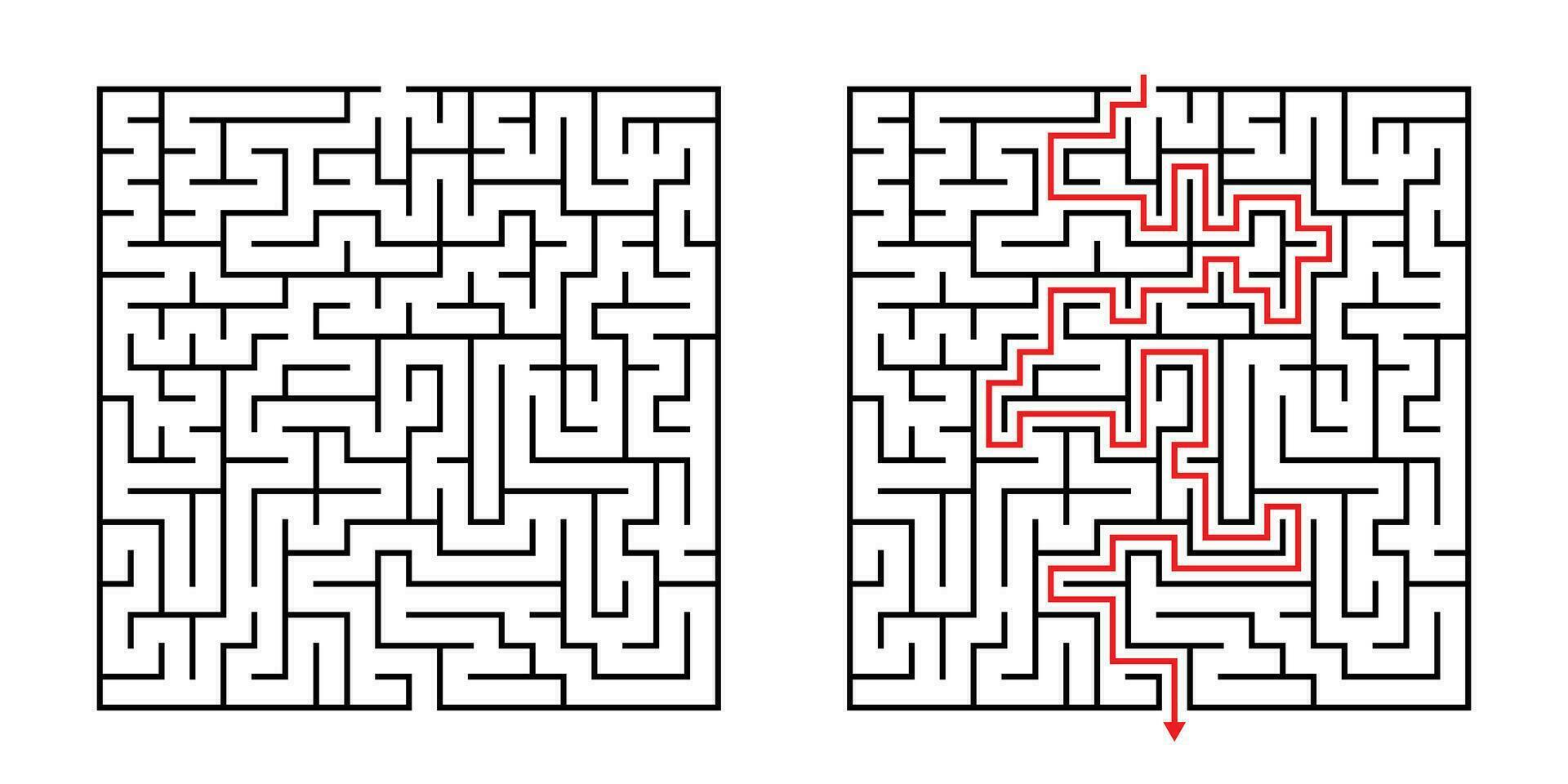 vector plein doolhof - labyrint met inbegrepen oplossing in zwart rood. grappig leerzaam geest spel voor coördinatie, problemen oplossen, besluit maken vaardigheden testen.