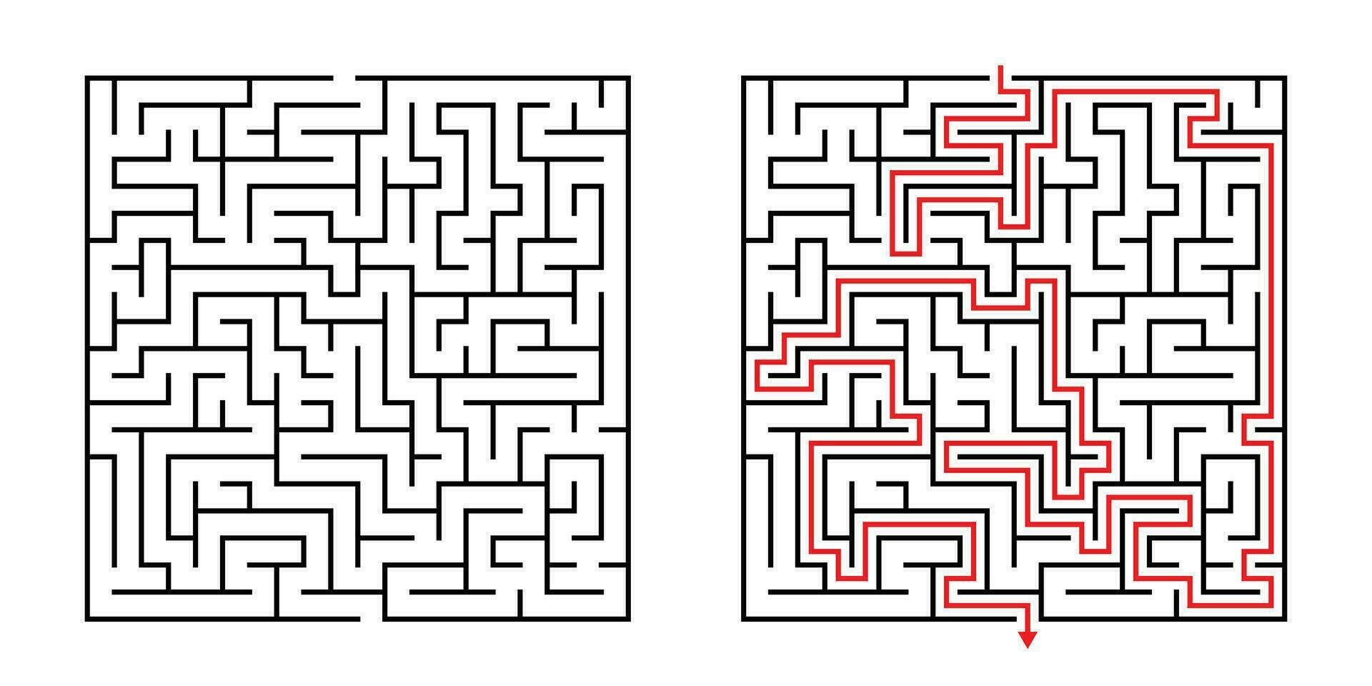 vector plein doolhof - labyrint met inbegrepen oplossing in zwart rood. grappig leerzaam geest spel voor coördinatie, problemen oplossen, besluit maken vaardigheden testen.