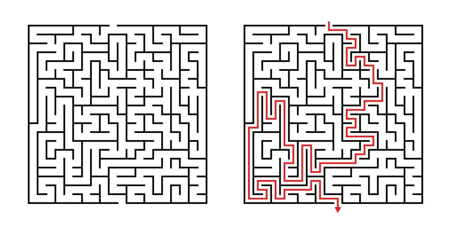 vector plein doolhof - labyrint met inbegrepen oplossing in zwart rood. grappig leerzaam geest spel voor coördinatie, problemen oplossen, besluit maken vaardigheden testen.