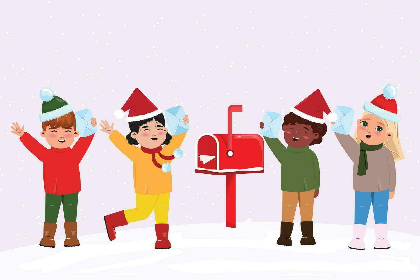 winter illustratie met verschillend kinderen vervelend de kerstman claus pet en Holding enveloppen buitenshuis in de sneeuw vector